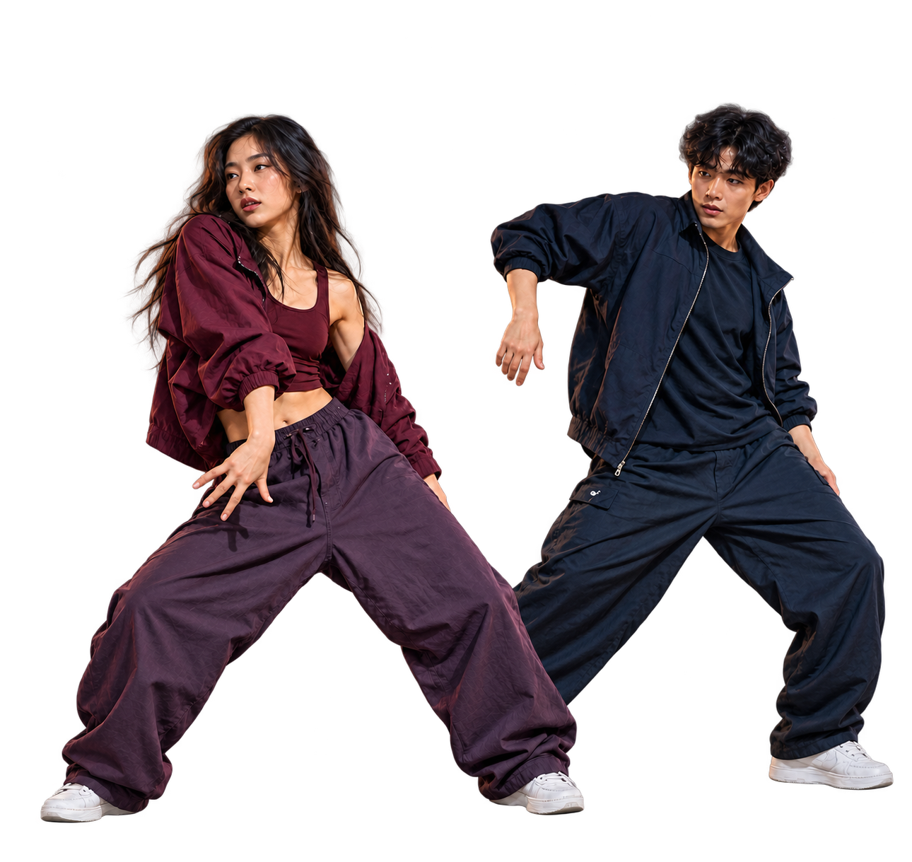Two dancers performing choreography in a video studio