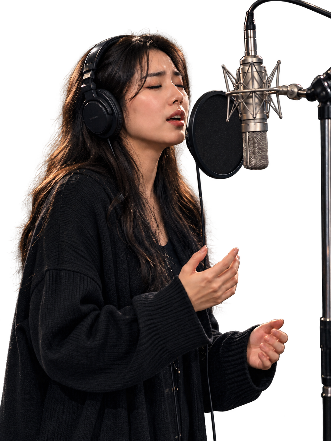 A singer performing into a studio microphone
